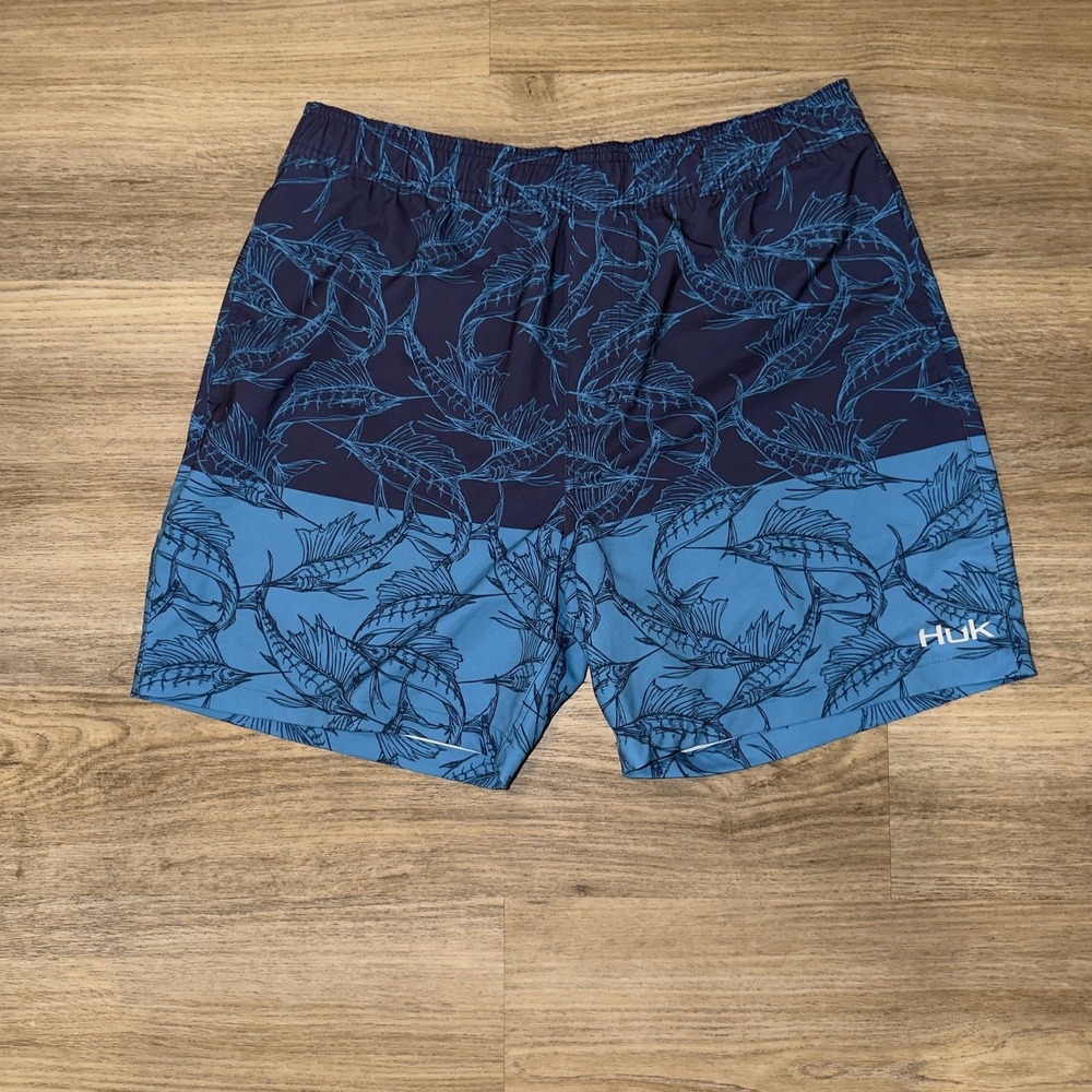 Huk Performance Fishing Shorts Mens XL Blue Marlin Print Stretch H2000089
